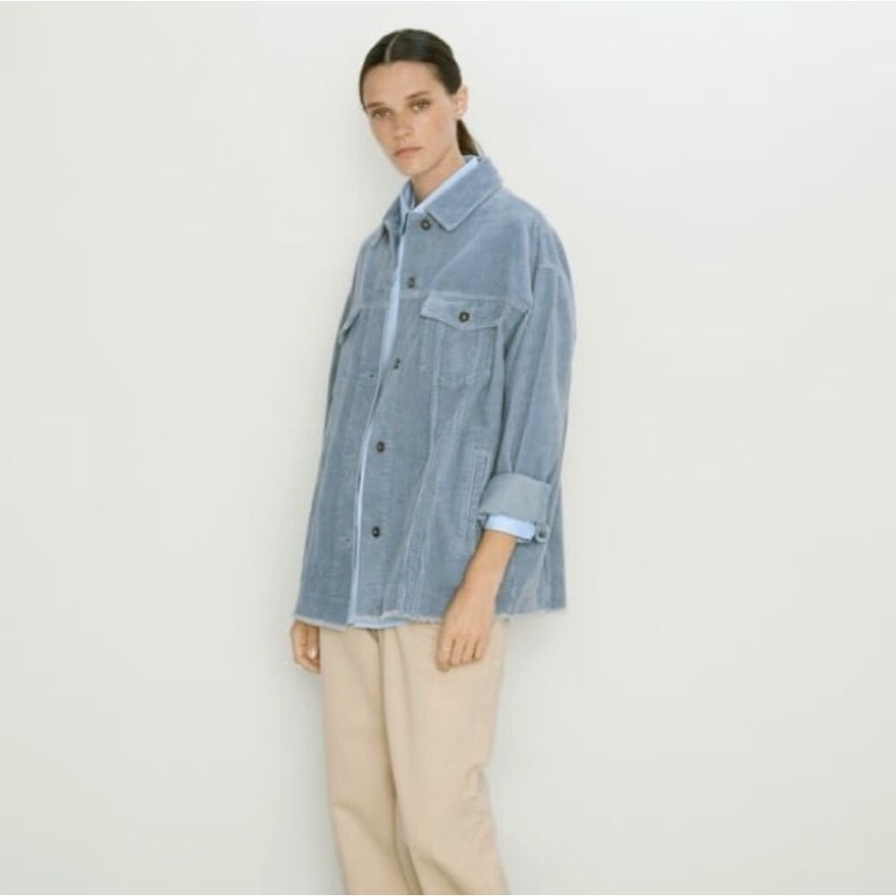 Zara Oversized Corduroy Trucker Jacket Womens XS Baby Blue Raw Hem Gorpcore 90s - Picture 3 of 14